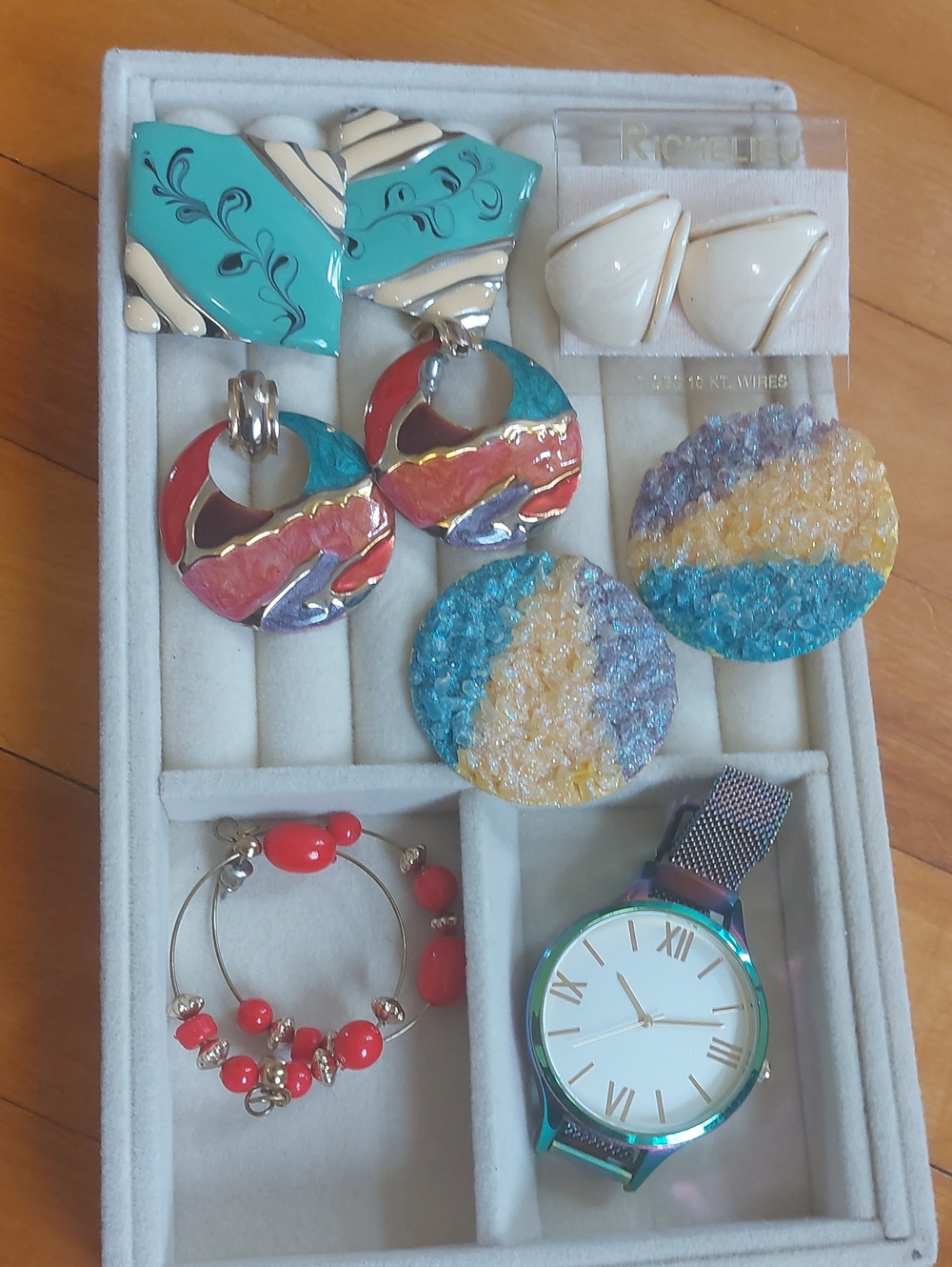 Vintage & Modern Statement Jewelry Lot - 5 Pairs Earrings & Rainbow Watch
